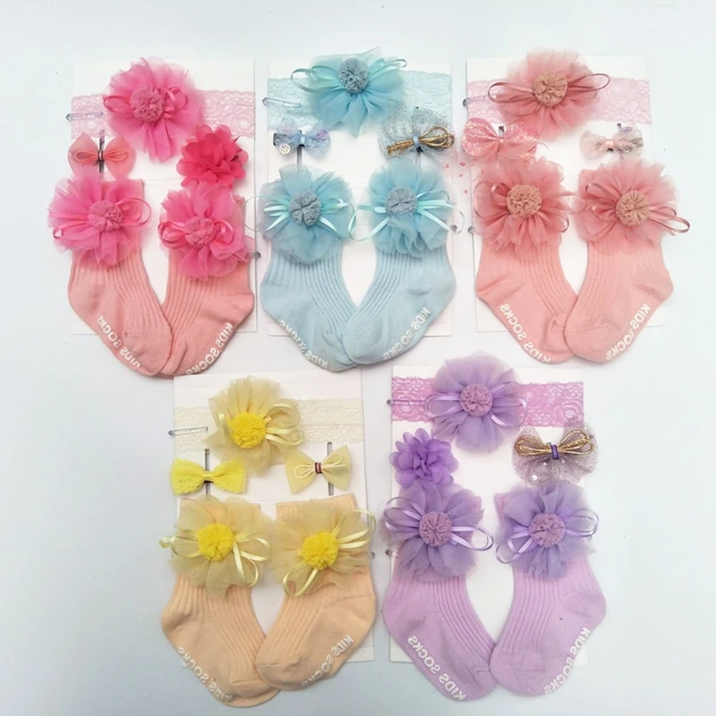 

1 Set Flower Lace Soft Cotton Socks+Headband+Hairpins Gift Box Headwear Elastic Hair Band for Girls Princess Accessories H9EF