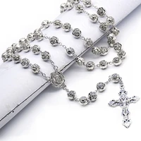 vintage metal rose rosary necklace fashion retro style cross necklace religious gift christian jewelry accessories gift