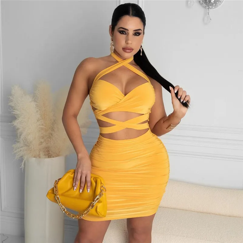 

wsevypo Cutout Cross Halter Wrapped Dress Sexy Women Backless Ruched Stacked Sheath Sundress Solid Color Party Clubwear