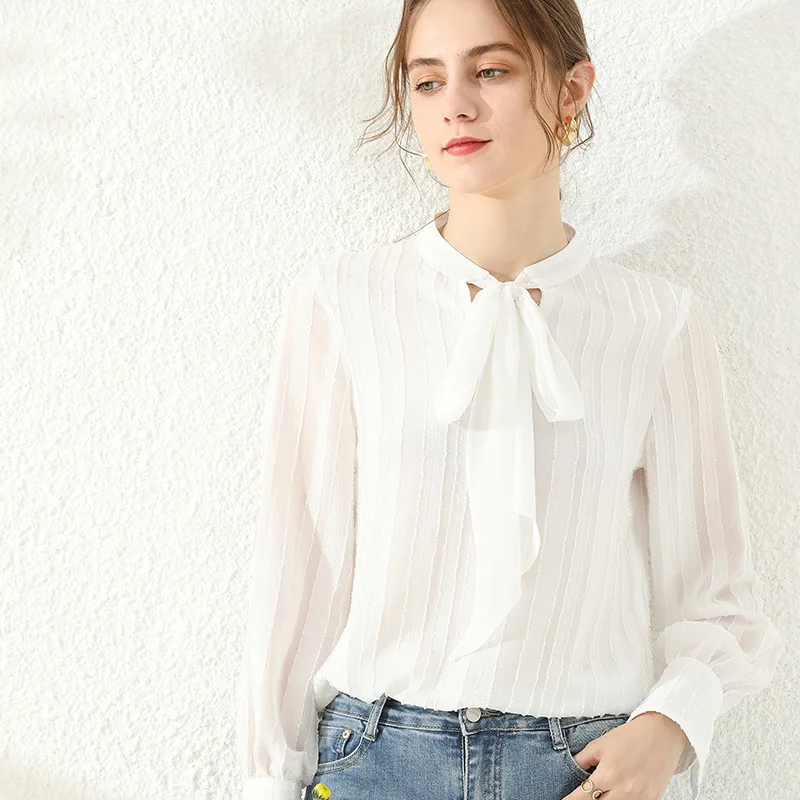 

Chiffon Shirt 2020 Autumn New Style Solid Color Cut Flower Fabric Shirt