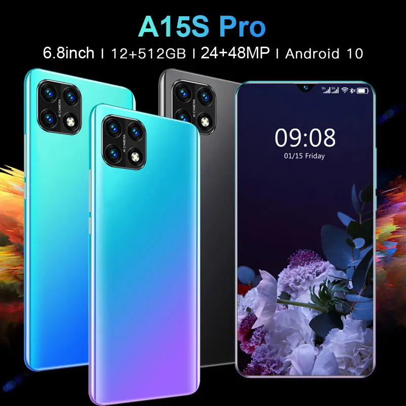 

A15S Pro 6.8 Inch 12+512GB Dual SIM+Micro SD Andriod Smart Phone 24+48MP 5000mAh Fingerprint Unlock Cell Phone MTK6889 Global