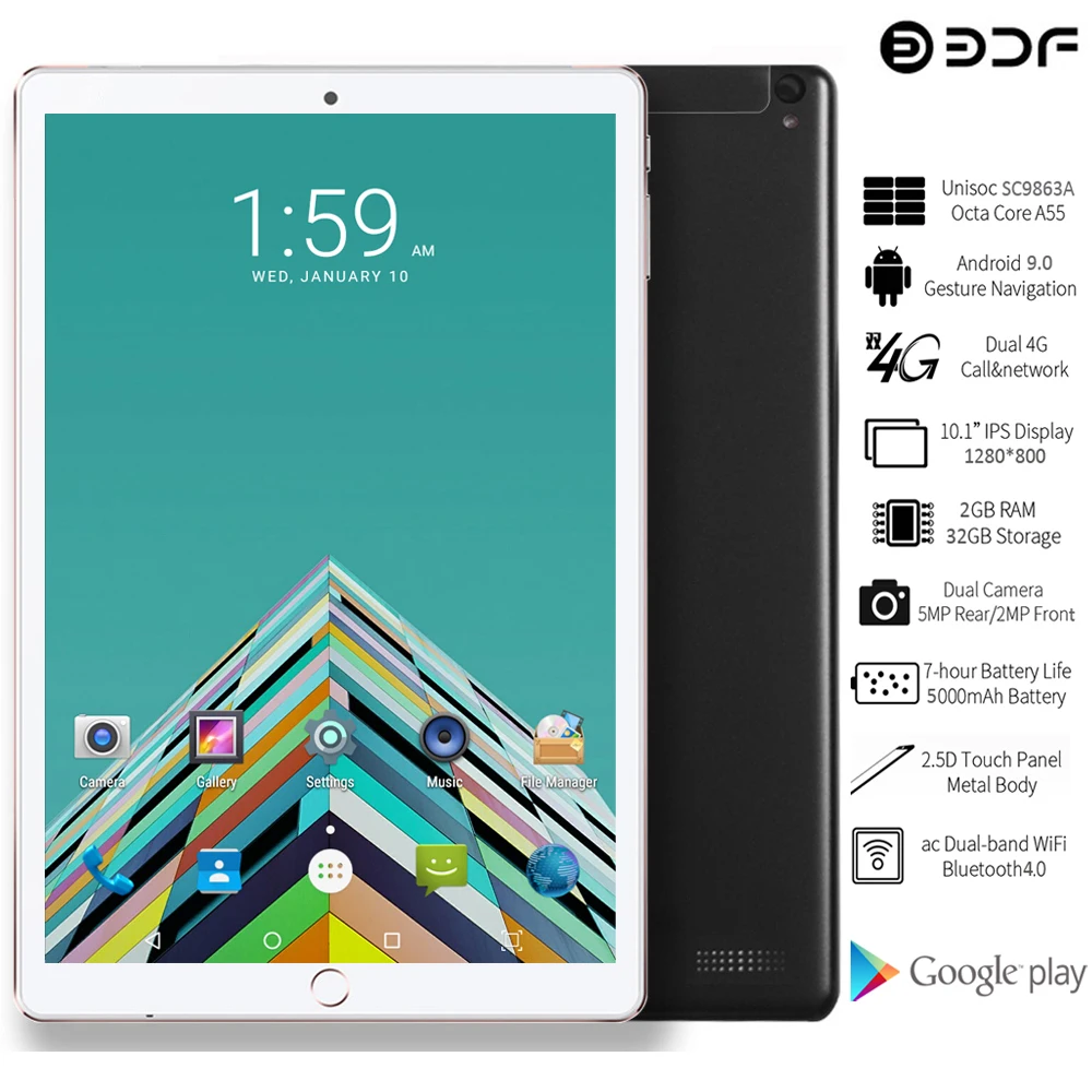 BDF 10 1 дюймовые Планшеты Android 9 0 Восьмиядерный 4G телефонные звонки LTE 2.5D Закаленное