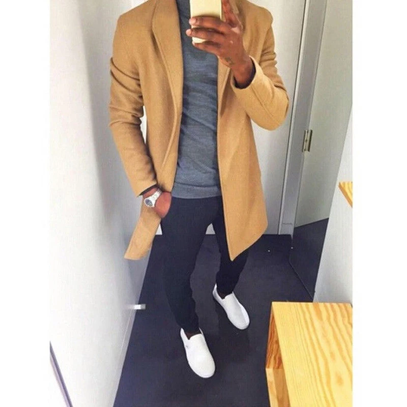 

M-XXXL Autumn Winter Men Casual Coat Thicken Woolen Trench Coat Business Male Solid Classic Overcoat Medium Long Jackets Tops