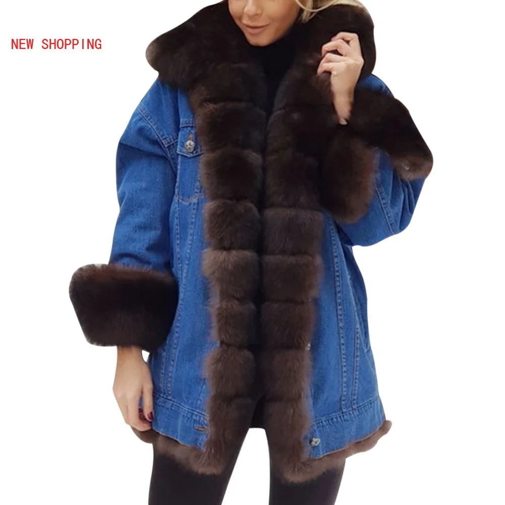 Luxurious Fur Collar Denim Jacket Long-sleeved Fleece Female Casual Winter Warm Coat Women Overcoat Plush Jackets Chaqueta Mujer