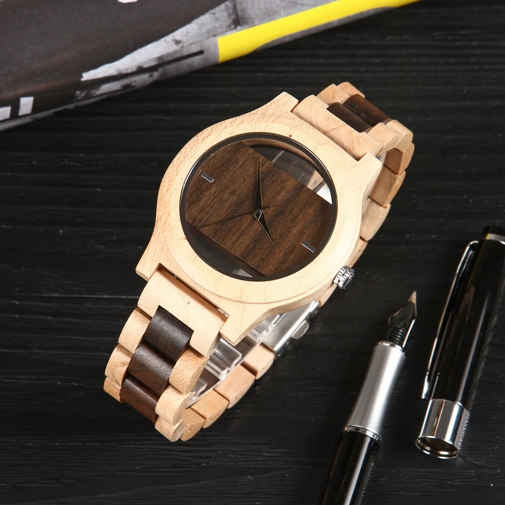 Деревянные часы 2020 мужские в полоску с узором виде яблока бамбуковый ремешок