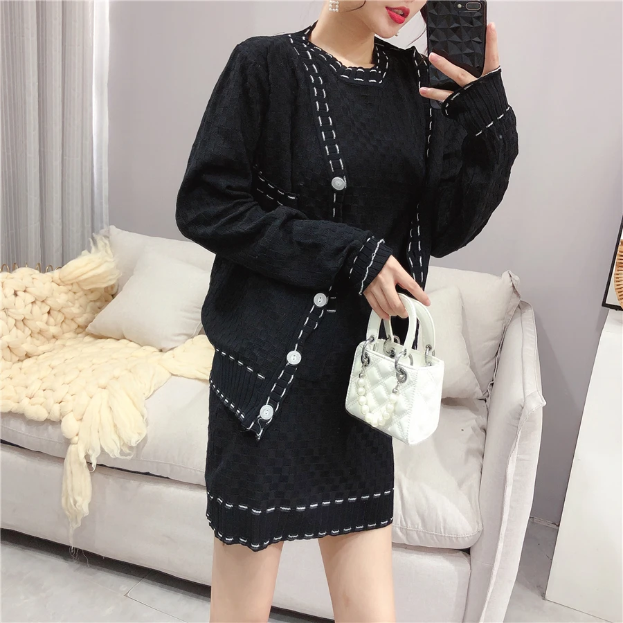 Женский комплект из 2 предметов пальто с V-образным вырезом и облегающее платье