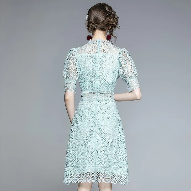 

Fresh Sweet Mini Dress Women 2021 Lace Crocheted Stand Collar Puff Short Sleeve Dress Hollow Corset Elegant Short A- Line Dress