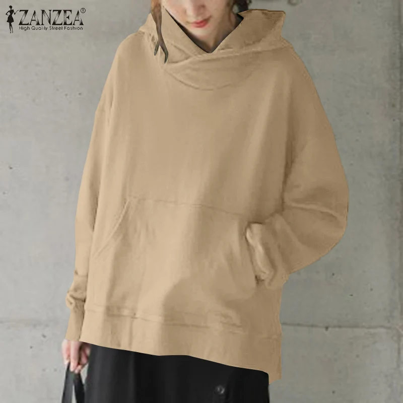 

ZANZEA 2021 Female Stylish Solid Hoodies Casual Long Sleeve Chic Pullovers Women Hooded Clothing Pocket Sweatshirts Oversize Top