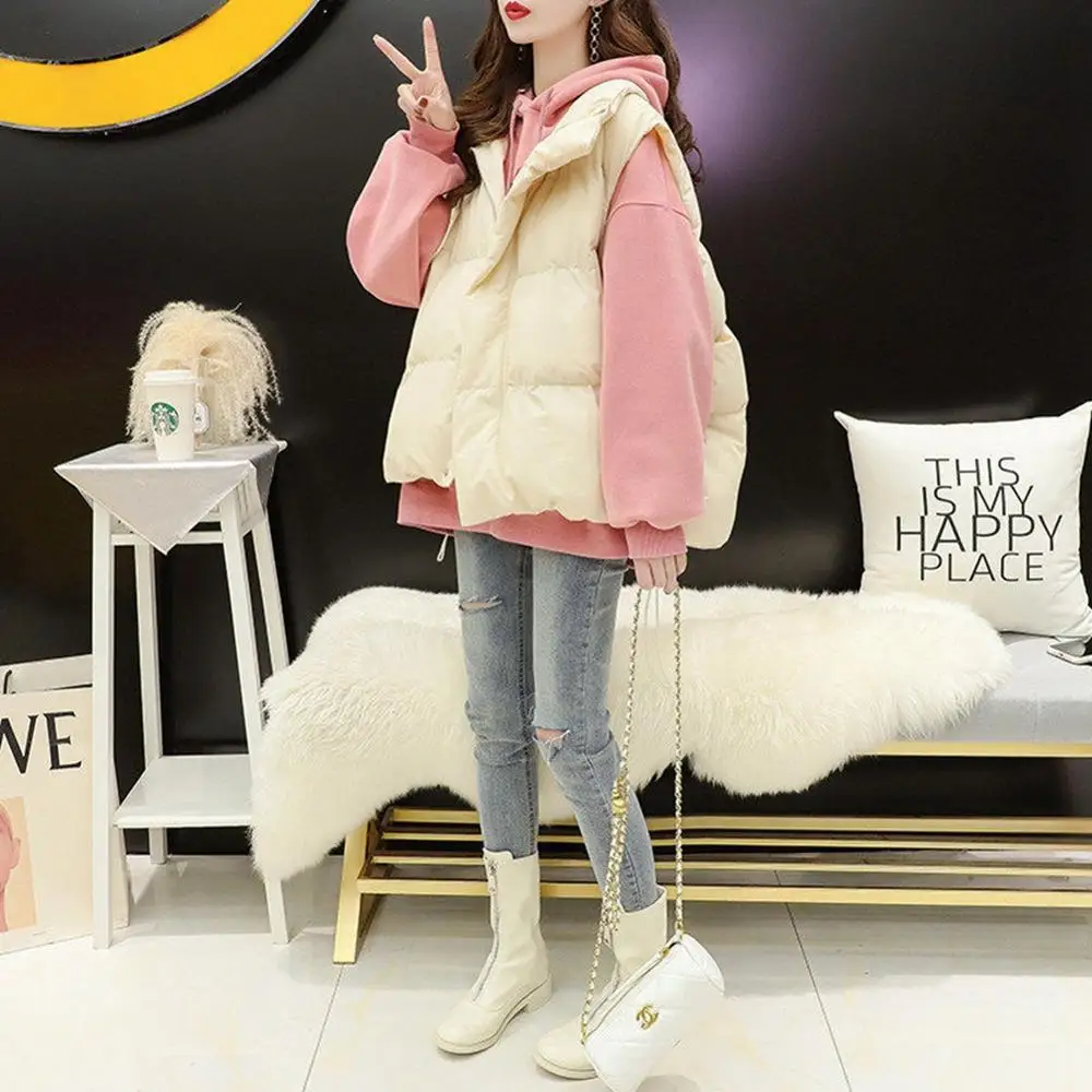 

Women Down Cotton Short Vest Solid Loose Sleeveless Jacket Plus Size Woman Coat Korean Style Outerwear Beige Black