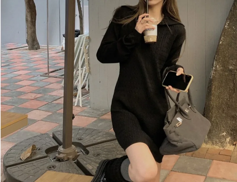 

Women Dress Autumn Winter New Slim Lapel Buttock Skirt Long Sleeve Loose Sweater Dress Women's Wear Nuyoah