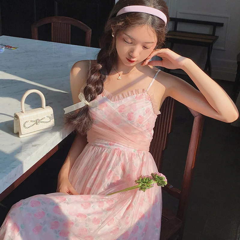 

2021 Pink Elegant Bow Lace-Up Dress Vintage Sexy V-Neck Lace Patchwork Female French Sling Dress Casual Holiday Lady Vestidos