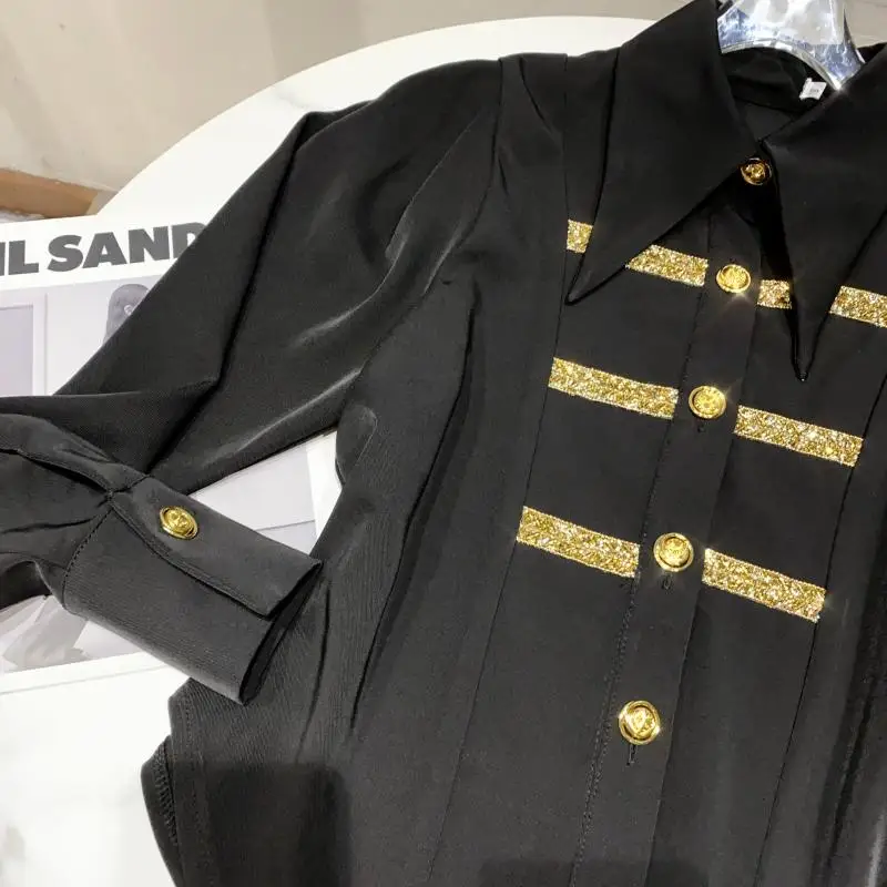 

2021 Spring Autumn Female Blouse New Retro Gold Buckle Rhinestone Shirt for Women Black Blusas Mujer Long Sleeve Ladies Tops