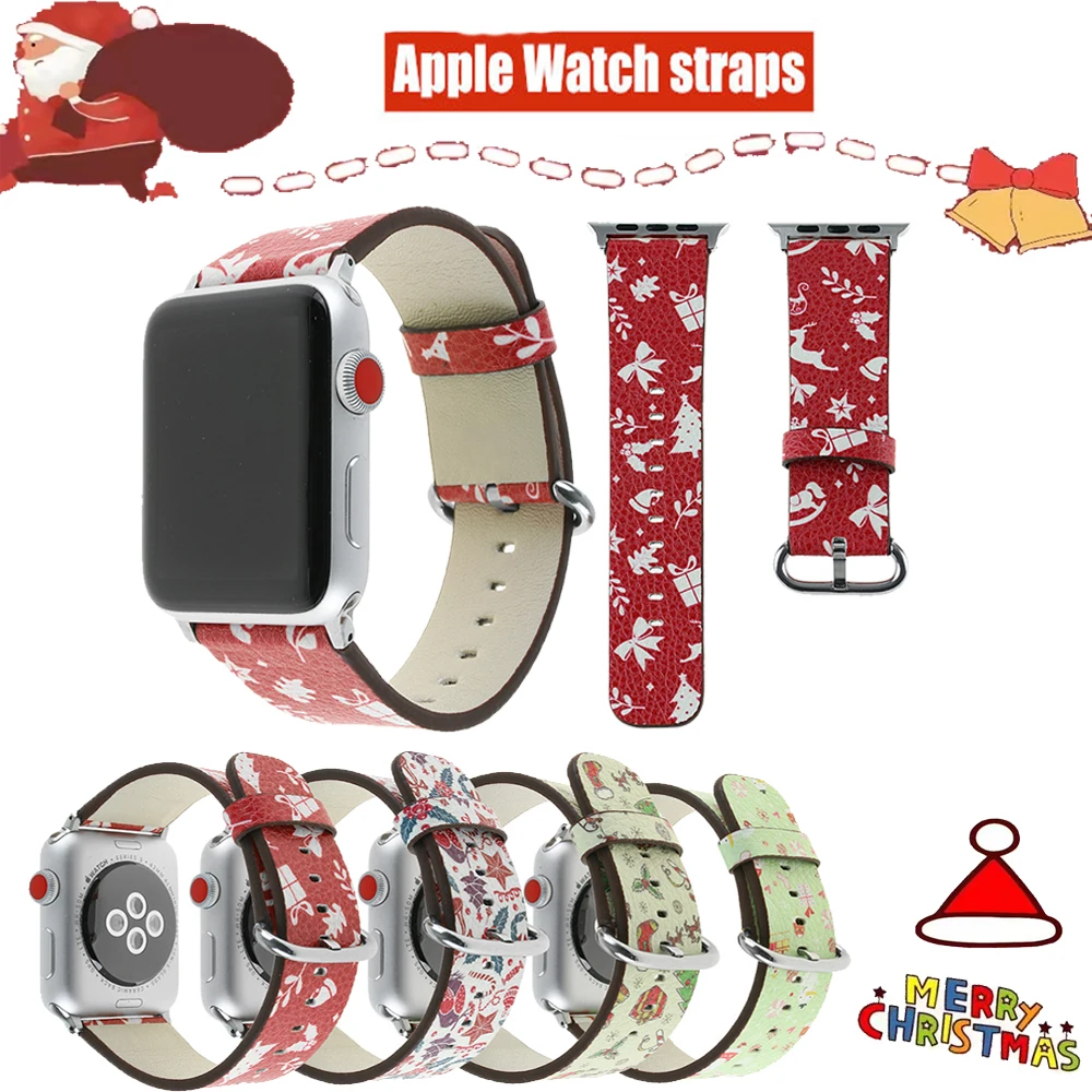 

Christmas Leather Strap For Apple Watch band 44mm 40mm 45mm 41mm Cartoon Printed Bracelet for iWatch Series 7 6 5 4 3 2 1
