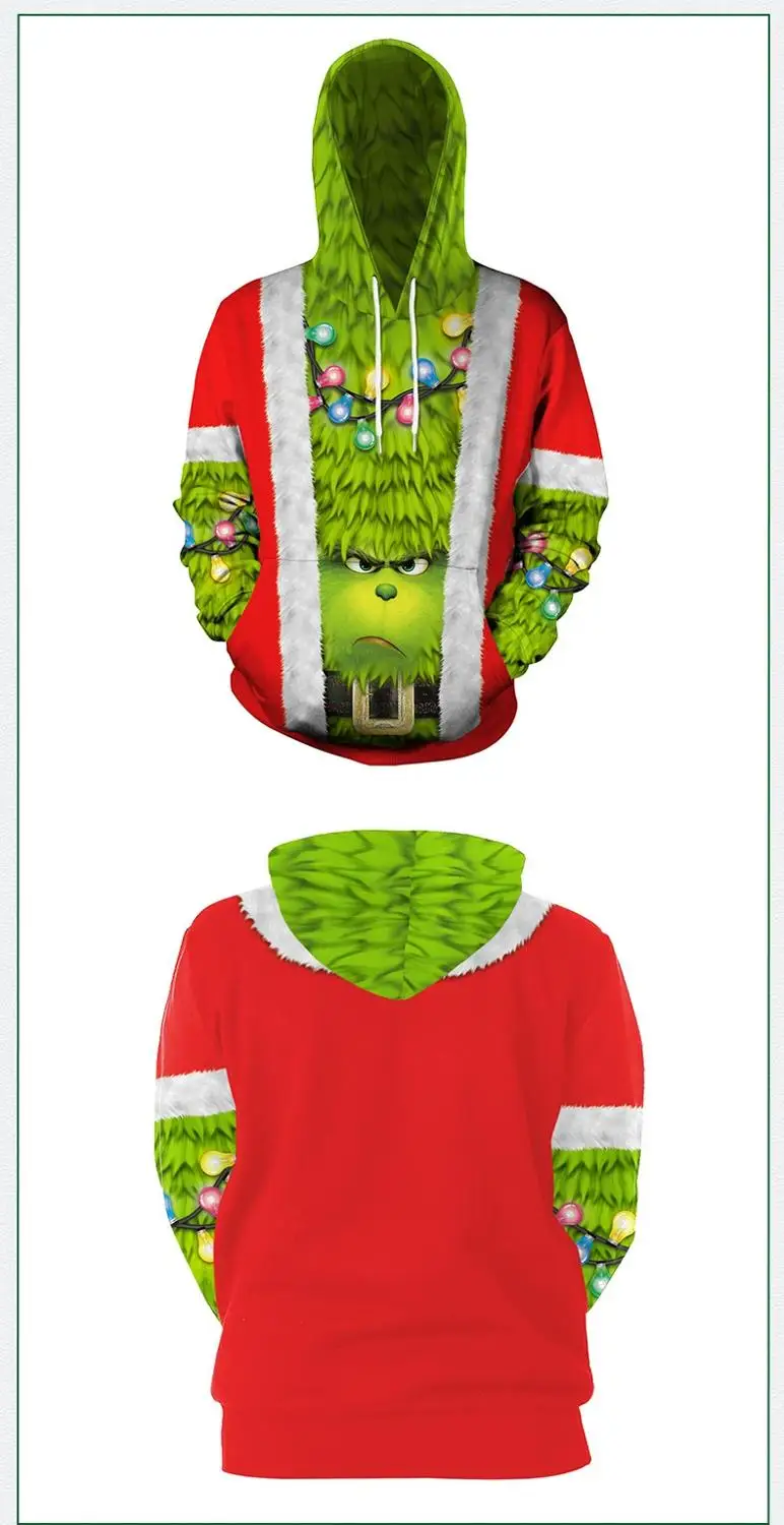 3D Толстовка Grinch Рождественская мультфильм анимация зеленая монстры Мужская и