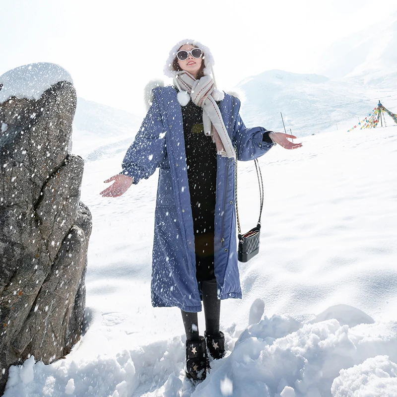 

Пальто зимнее с воротником из кроличьего меха, однотонное свободное пуховое хлопковое пальто с капюшоном для женщин, новинка 2019, теплое зим...