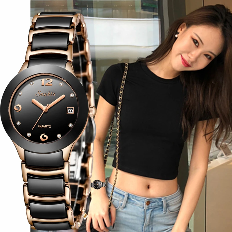 Часы SUNKTA женские с керамическим ремешком брендовые Роскошные тонкие