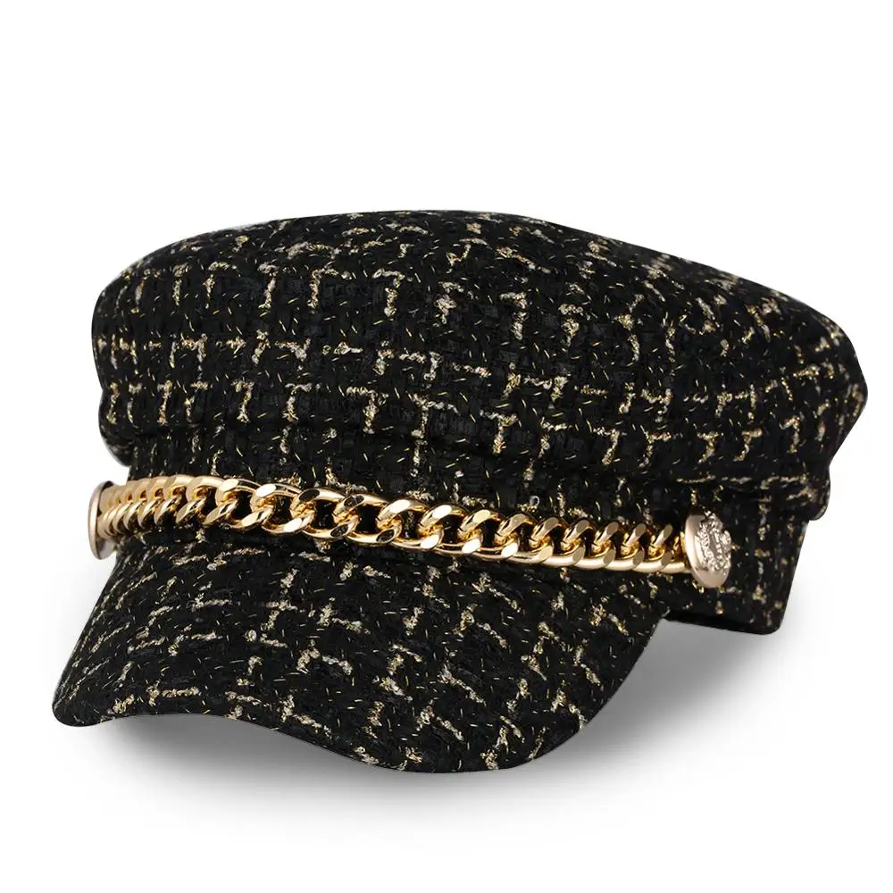 Fashion Vintage Women Autumn Winter Octagonal Cap Chain Navy Hat Outdoor Flat Top Fitted 3 Colors Casual Female Berets | Аксессуары для