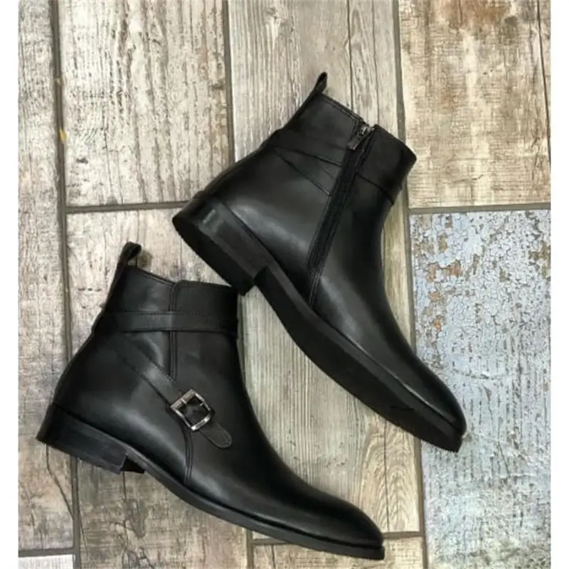 

2021 New MenFashion Casual Business Temperament Gentleman Handmade Black PU Side Zipper Belt Buckle Short Boots 7KG369