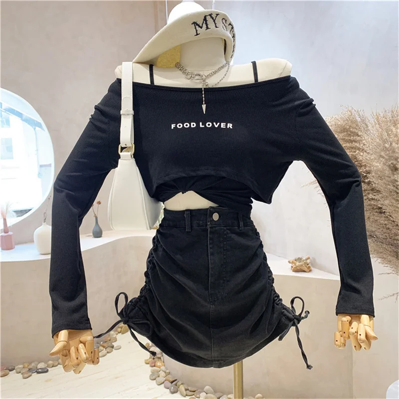 

NEW Niche Design Women's 2021 Three-piece Long-sleeved Sunscreen Bottoming Shirt With Camisole Drawstring Pleated Denim Skirt