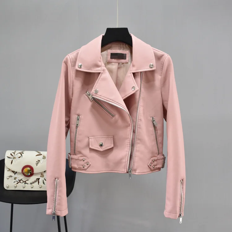 

New Faux Leather Zippe Jacket's Women's Slim Lapel Motorcycle PU Leather Long Sleeve Coat Female Leather Jacket Short Fashion
