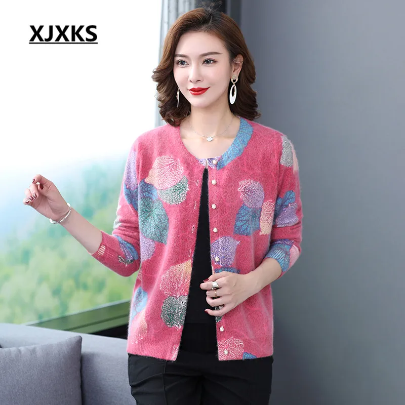 XJXKS 2020 spring winter new women Mink Cashmere sweater loose plus size fashion single-breasted cardigan printed |