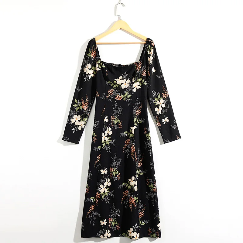 

Square Neck Print Vintage Women Dress 2021 Spring Autumn Long Sleeve Chiffon Midi Dress Sexy High Slit Party Dresses