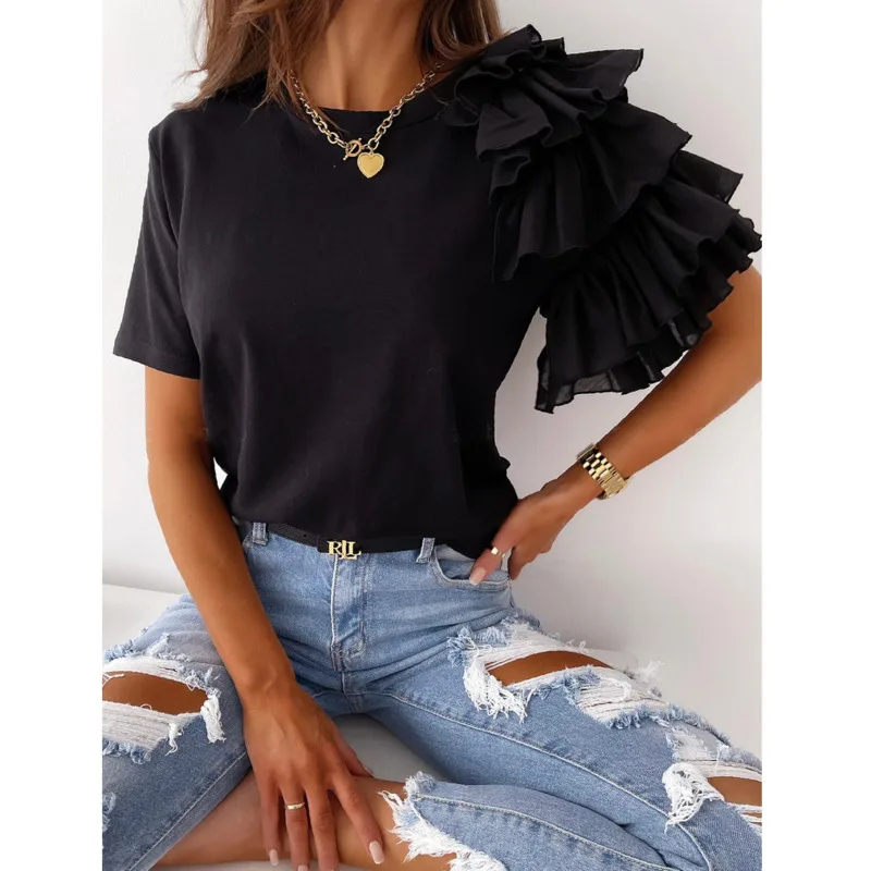 

2021 Summer Women Stylish Ruffles Short Sleeve Round Neck Soliid Fashion T Shirt Casual Streetwear Tops Camiseta