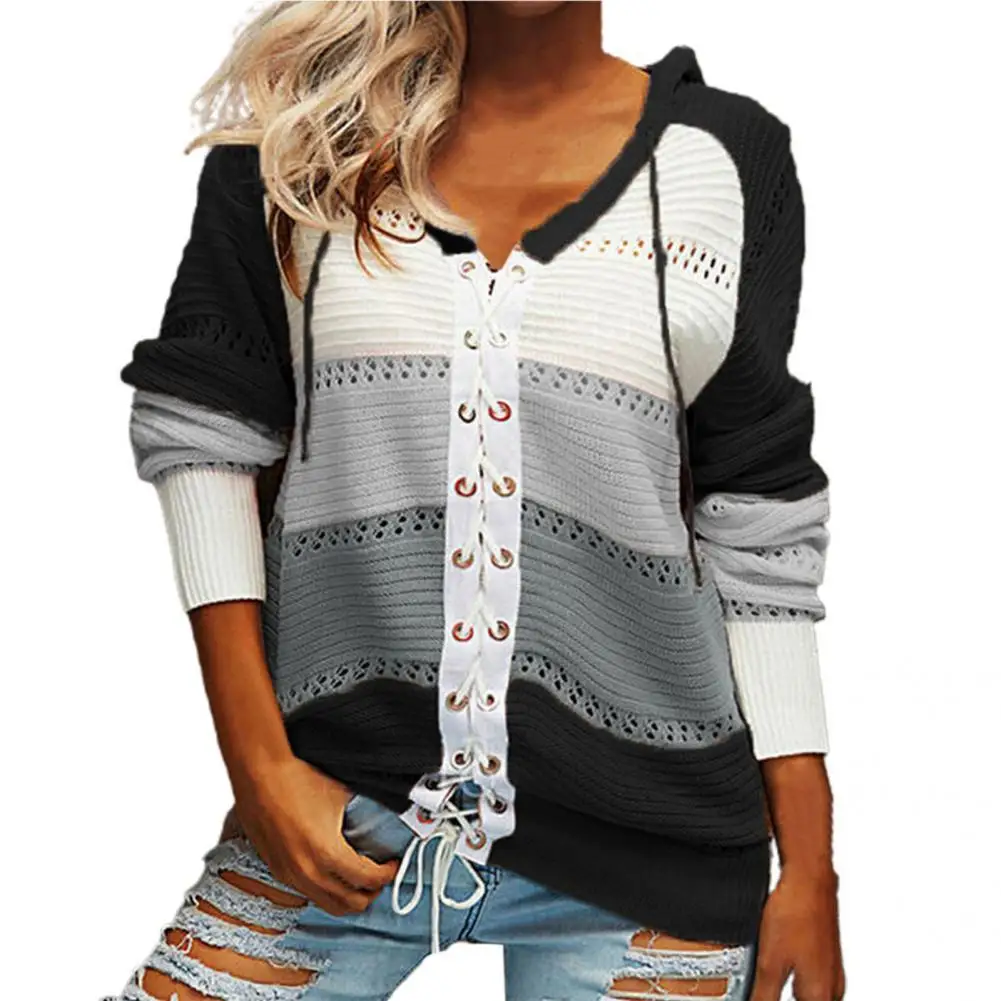 

Winter Coat Fresh Comfy Hollow Out Hooded Bandage Women Cardigan Sweater Outerwear Knitted Cardigan Cardigan Sweater