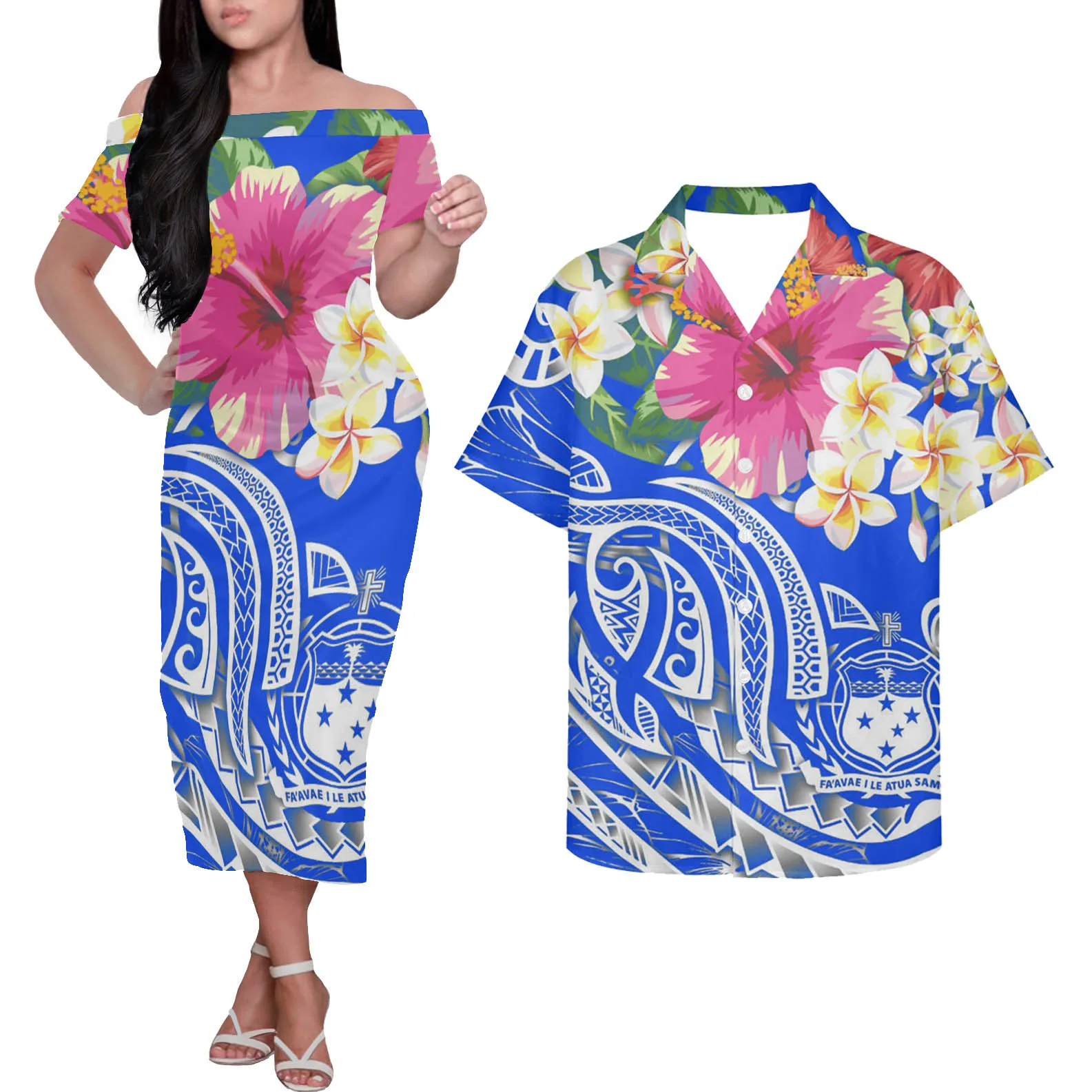 

HYCOOL Royal Blue Off Shoulder Samoan Dress 2pcs Couples Matching Clothing Set Polynesian Elegant Dresses For Women Match Shirts