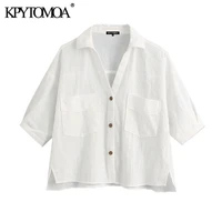 kpytomoa women 2021 fashion with pockets loose linen blouses vintage short sleeve side vents female shirts chic tops