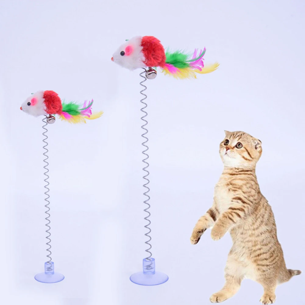 

Feather Stick Spring Toy Suction With Bell Mouse Cat Interactive Pet Tool Elastic Scratcher Mice Teaser Entertainment Multicolor