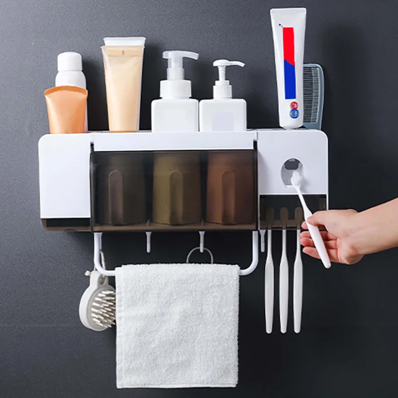 

Toothbrush Holder Wall Mounted Portable Home Storage Rack Multi-function Punch-free Toothpaste Squeezer Bathroom Accessories
