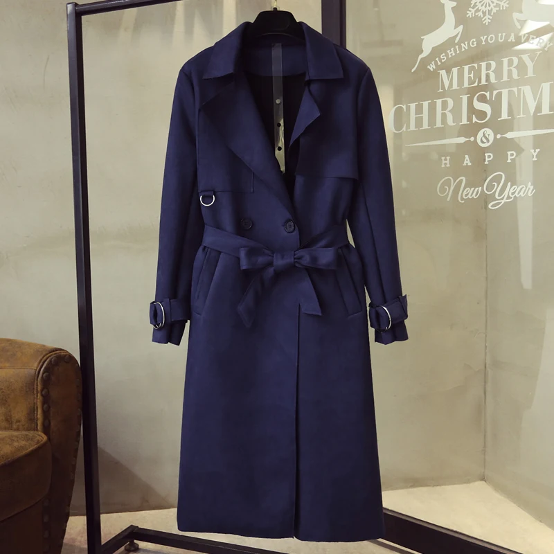 Dark blue Осенний Модный женский плащ из искусственной замши белые пальто большой плащ с лацканами плюс размер свободные длинные тонкие пальто - Цвет: Dark blue