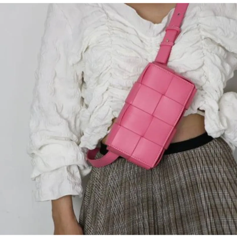 

2021 Belt Cassette Weave Leather Flap Bag Women Fashion Small Box Shoulder Bag Genuine Leather Chest Bag Ladies Waist Phone Bag