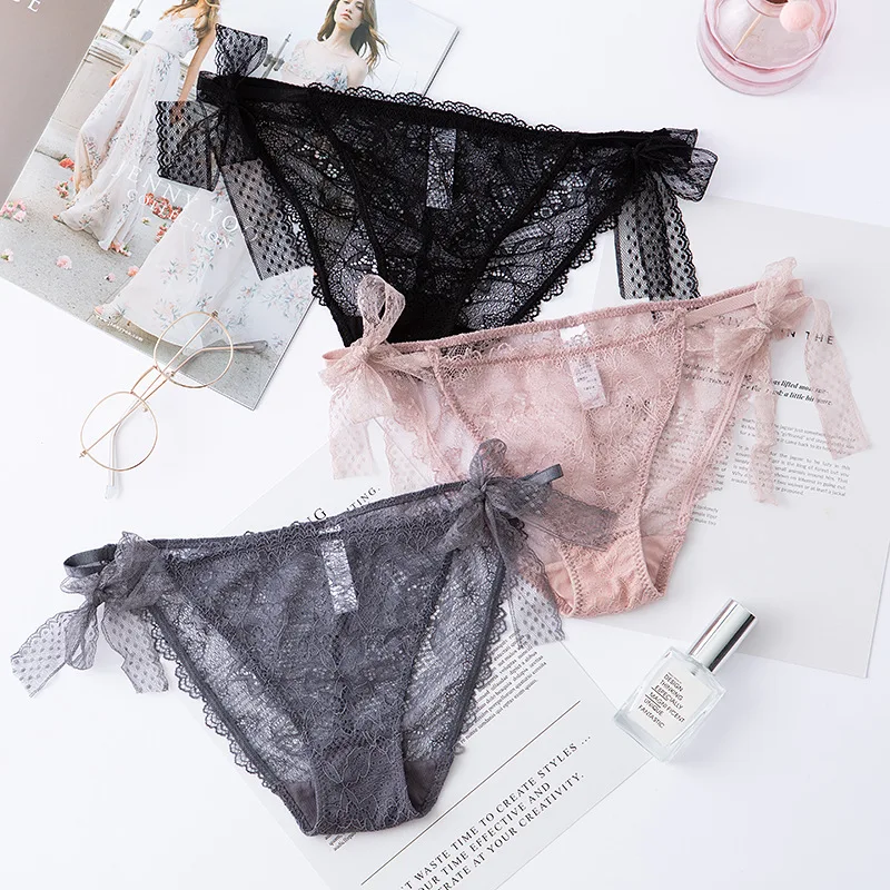 

New Lace Sexy Perspective Bow Women's Panties Black Pink Low Waist Ladies Underwear with Strap
