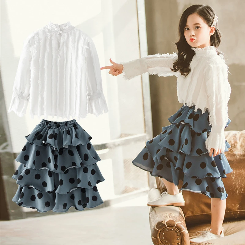 Модная детская одежда топ с бахромой для девочек рубашка + юбка в горошек