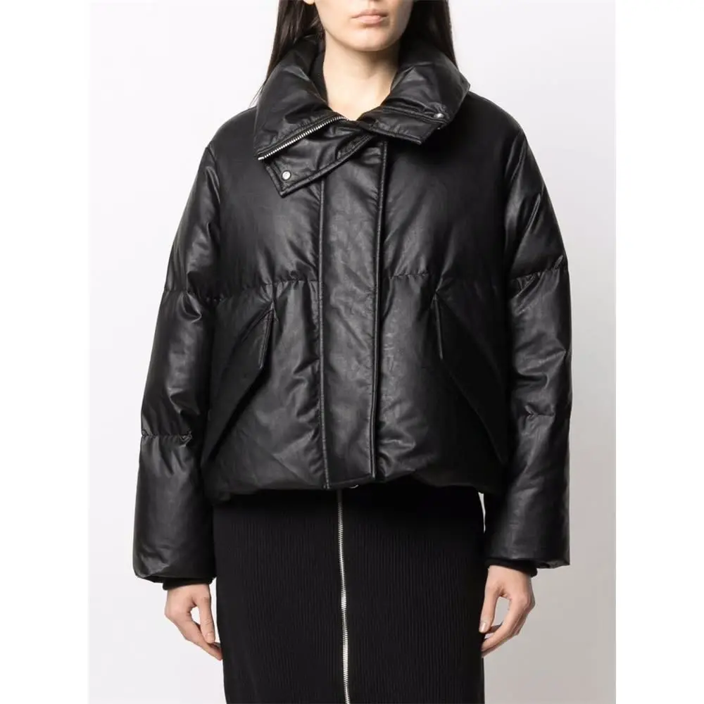 2021 new French winter clothing new temperament leather down jacket 90 white duck down short coat leather jacket