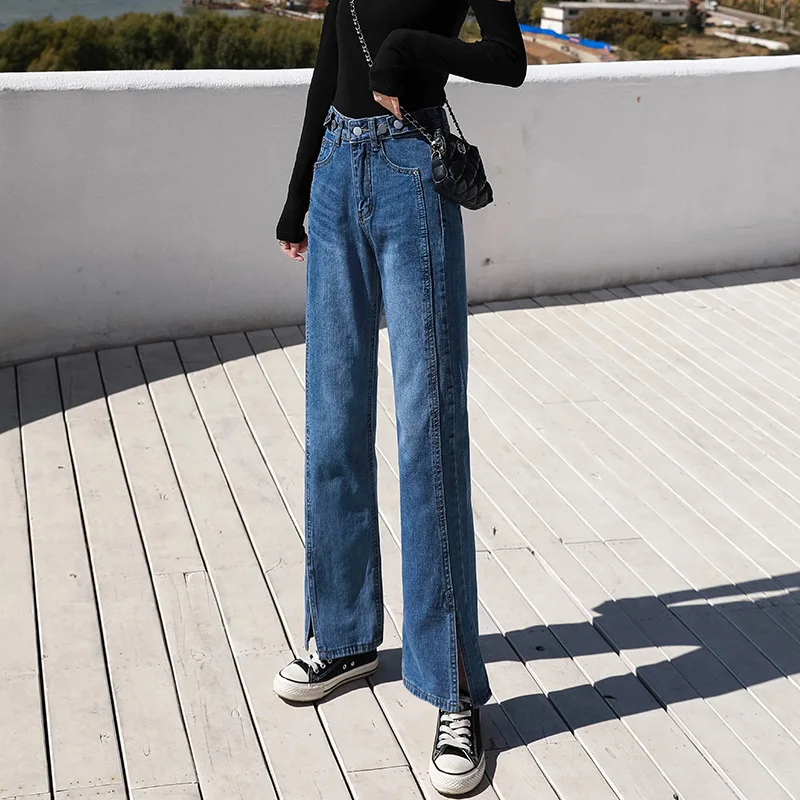 

TongSiHai Jeans for Women Ladies High Waist Straight Denim Pants Girls Students Light Blue Casual Streetwear Vaqueros Mujer