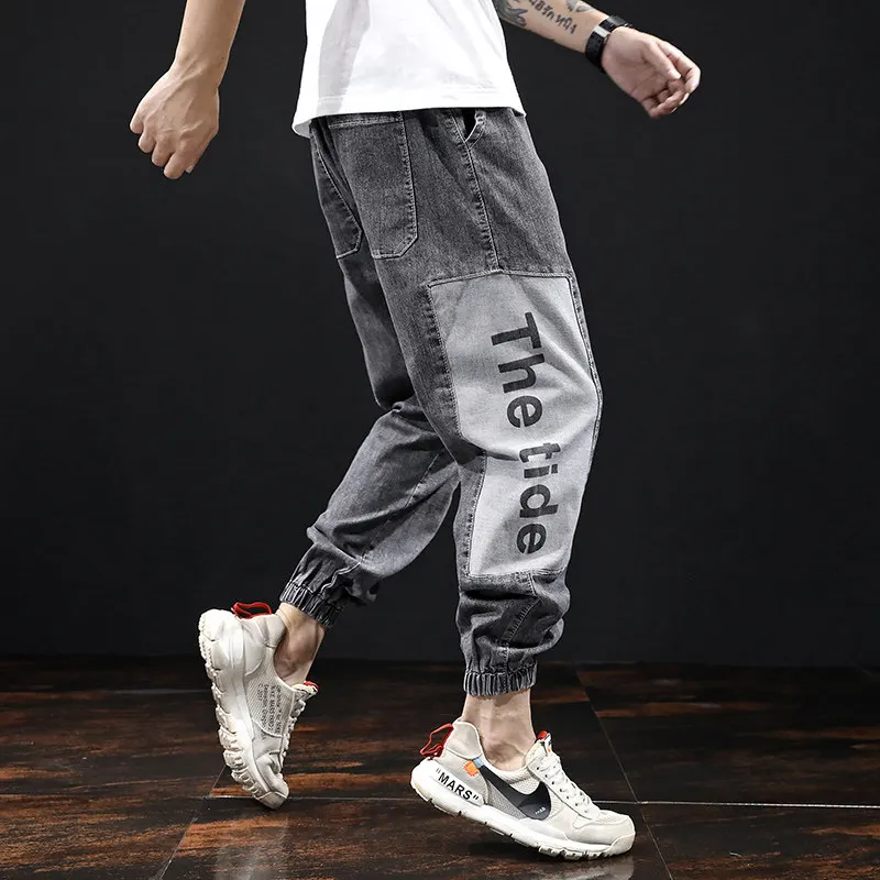 

Denim Jeans men's spring autumn thin loose loose ankle length stitching stretch printing light-colored teenager Harlan trousers