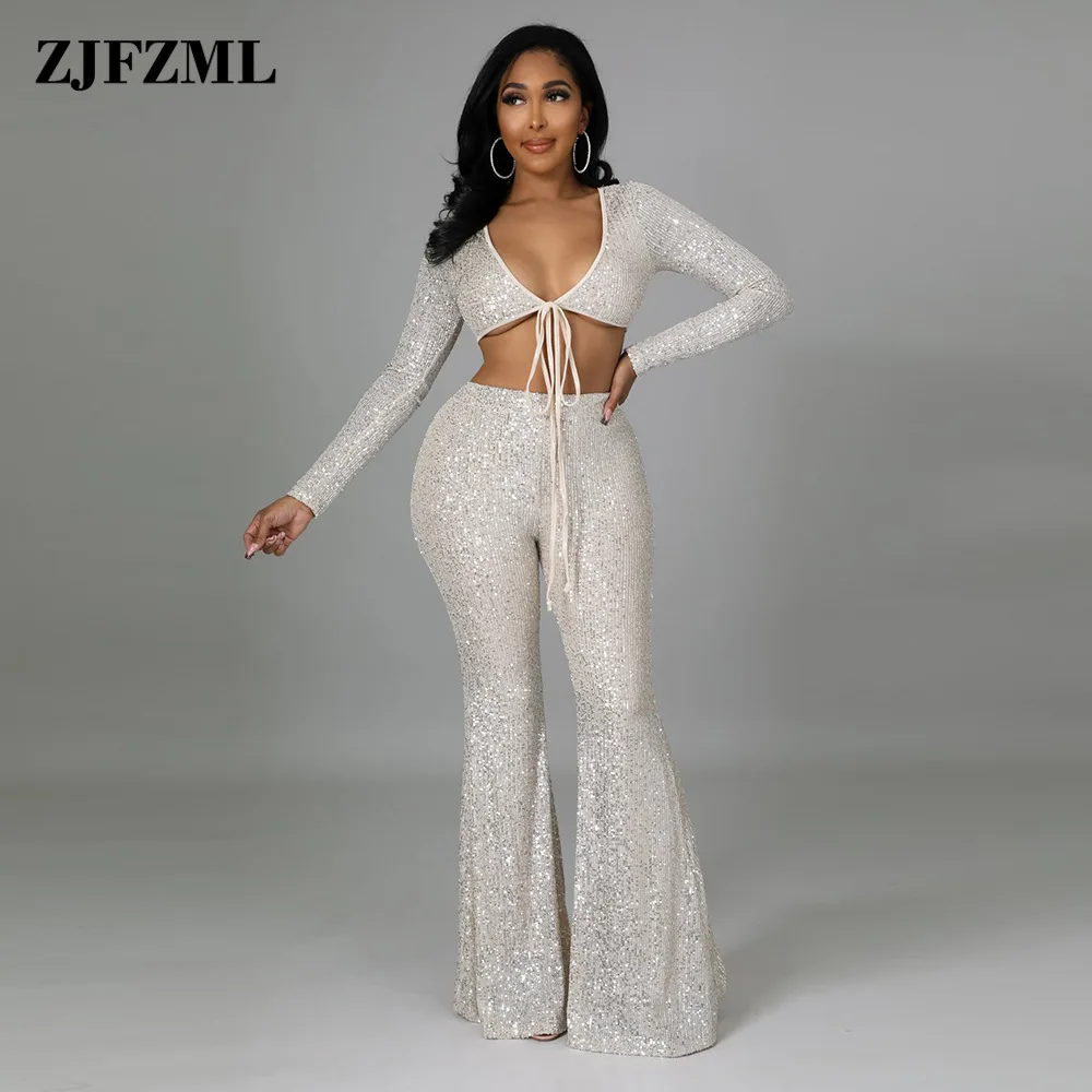 

Silver Blue Shiny Sequin Two Piece Club Outfits for Women Full Sleeve Lace Up Bandage Crop Top and High Waist Pleated Flare Pant