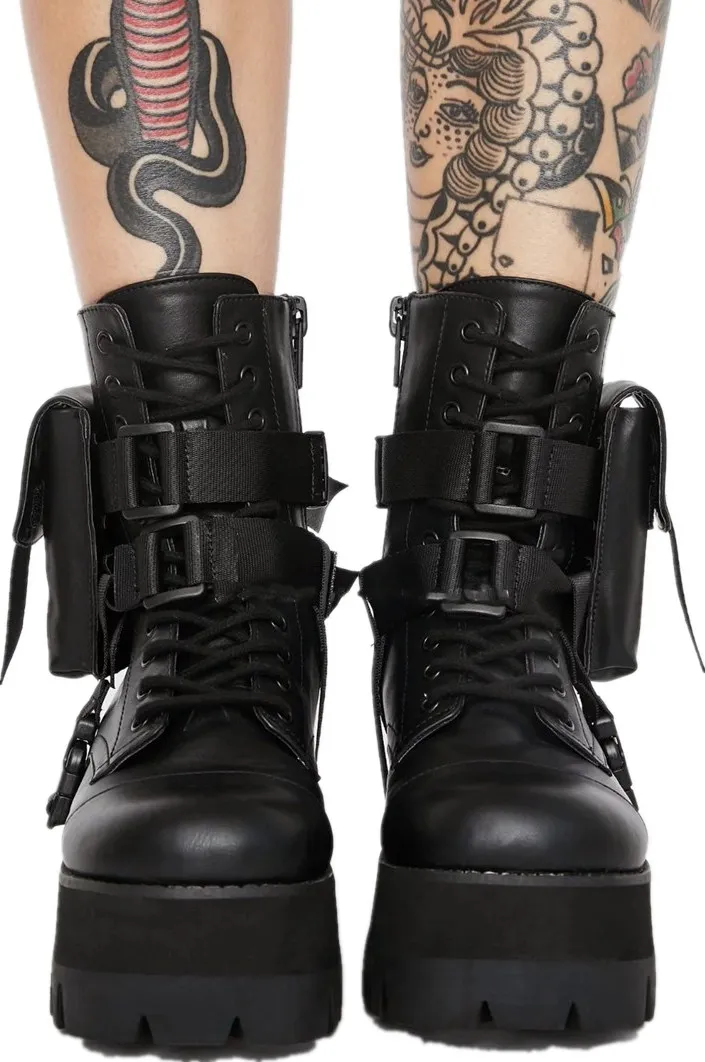 

Женские кожаные ботинки с заклепками, ботильоны на платформе, с цепочкой и карманами, Осень-зима, 2021