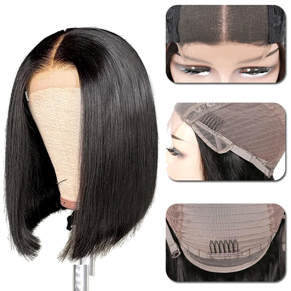Swag Hair Straight Bob Human Wig 4x4 Lace Closure Pre-Plucked 180% Density Malaysian Natural Color For Woman | Шиньоны и парики