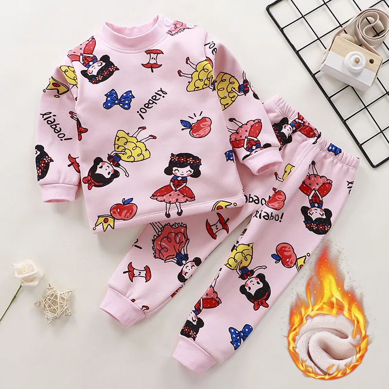 New 2021 Kids Boys Thicken Pajama Sets Cartoon O-Neck T-Shirt Tops with Pants Baby Girls Autumn Winter Warm Sleeping Clothes