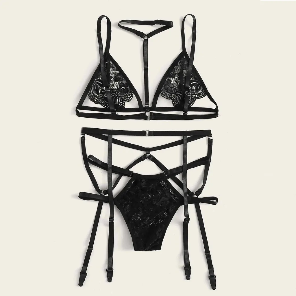 Сексуальное нижнее белье женский сексуальный кружевной комплект из 3 предметов с