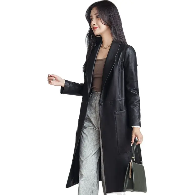 Chaqueta larga informal de piel de oveja auténtica para mujer, traje cortavientos de cuero genuino, de longitud media, con cuello