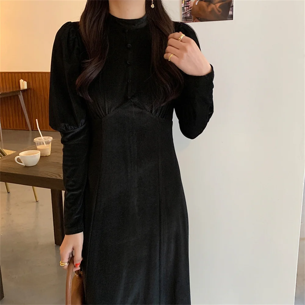 

대한민국 Bottoming Close Waist Velvet Slim-Fit Women Dress 2021 Puff Sleeve Chic Elegant OL Casual Vestido Autumn Gentle Robe