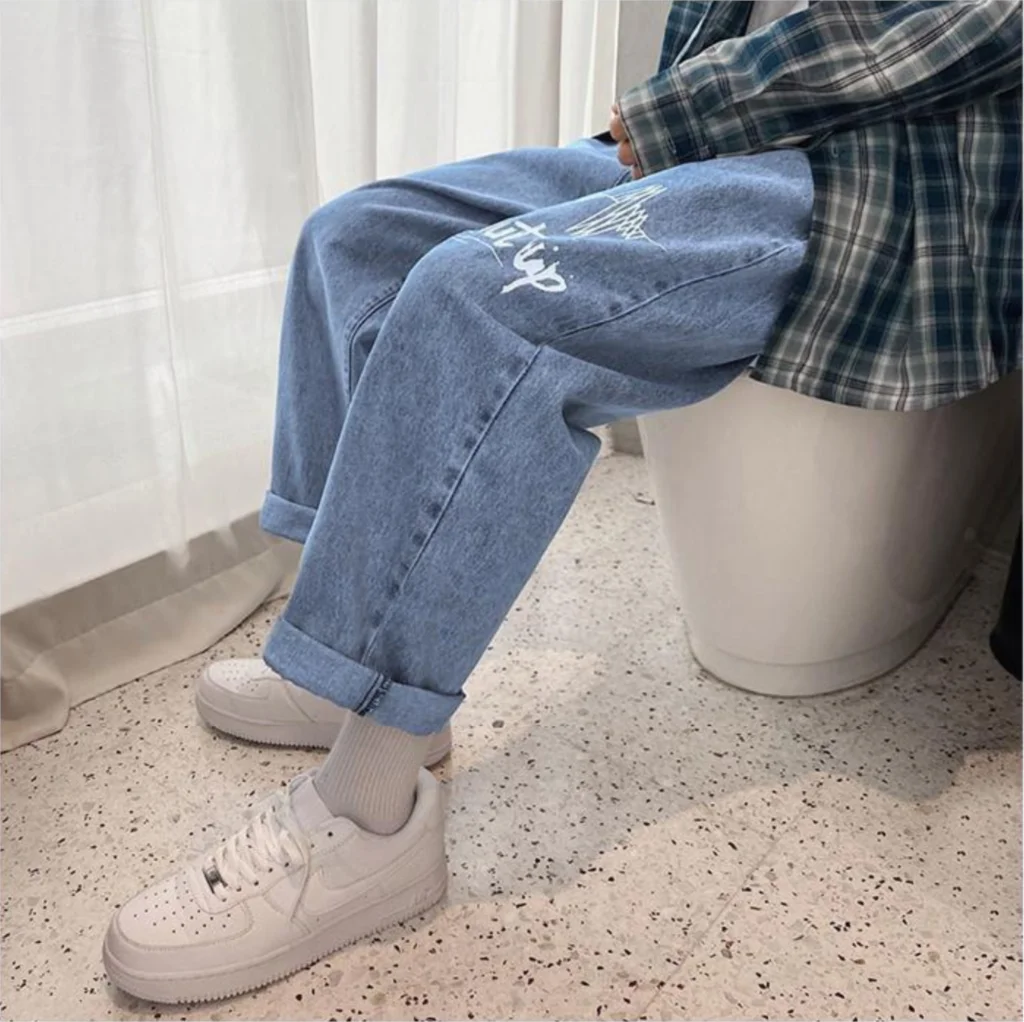 

2021 Spring And Autumn New Youth Popular Loose Large Size Pure Color Personalized Printed Jeans Fashion Casual Straight Pants