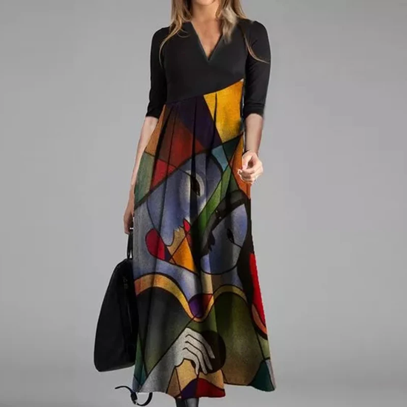 

Elegant Women Dress Autumn 2021 Winter Retro Print Party Dresses Cross V-Neck Long Sleeves Slim Dress Lady Casual