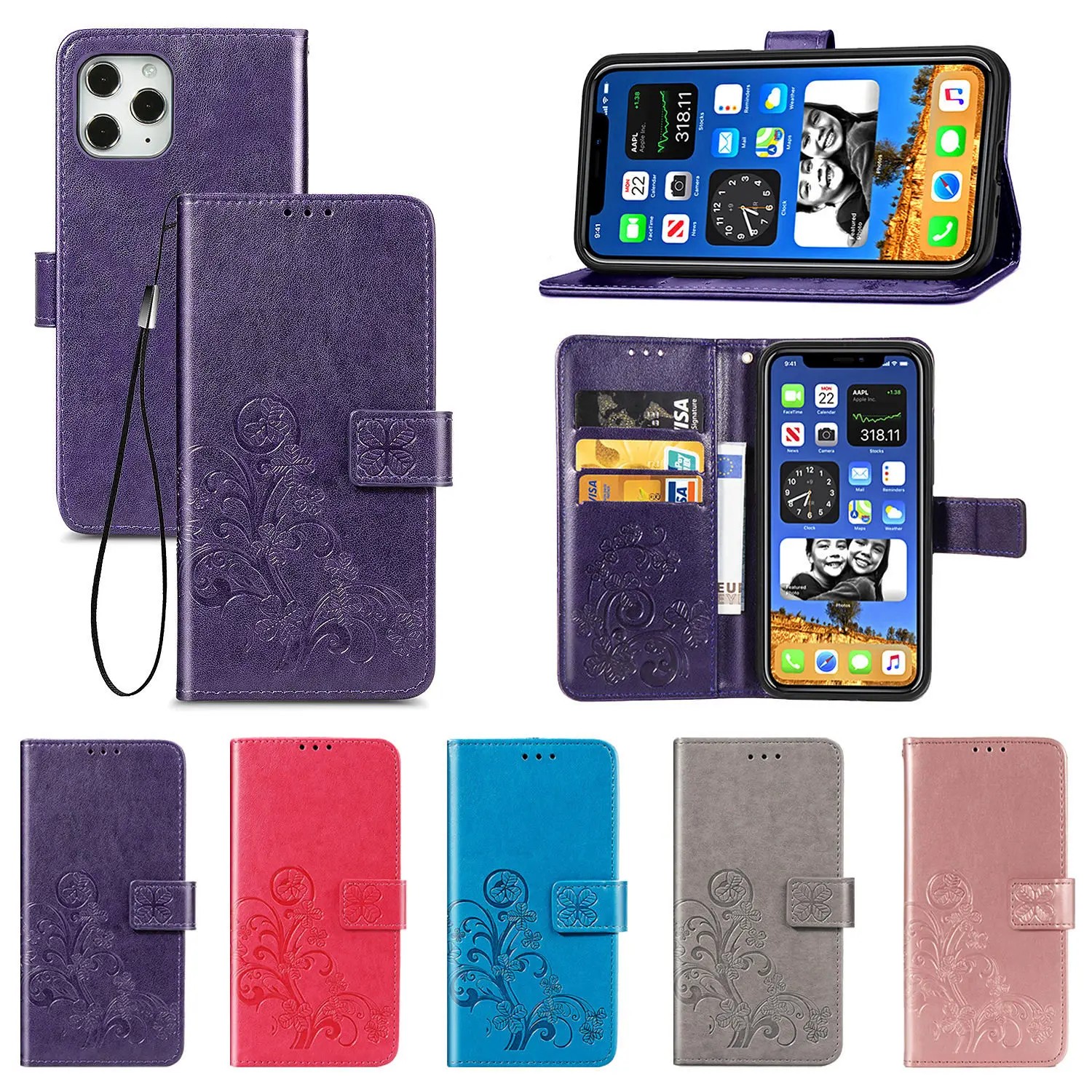 

Clover Wallet Flip Stand Case For iPhone 12 Mini 11 Pro Max 10 XR X S XS Max 6 6S 7 8 Plus SE 2020 Leather Stand Cover Cases