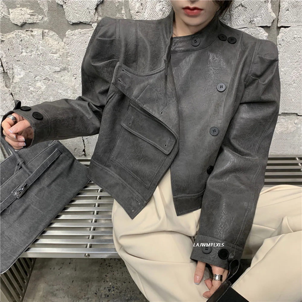 

Short Loose Fashion Puff Sleeve Pockets O-Neck Fashion Outerwear 2021 New Women Spring Autumn Leather Jacket Streetwear Vintage